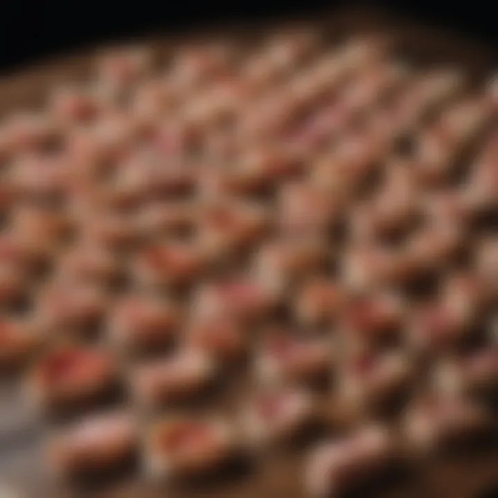A diverse selection of false teeth displayed on a wooden table