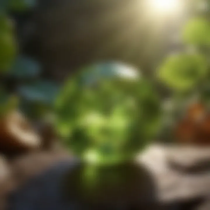 Prismatic peridot reflecting light in a serene setting