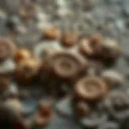 A close-up view of various fossils arranged artistically on a textured surface, showcasing their intricate details.