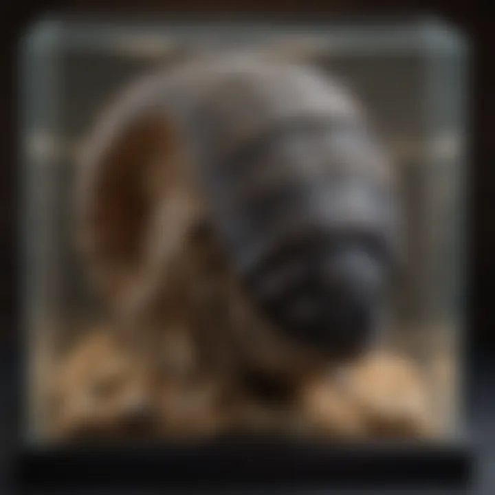 Close-up of a trilobite fossil in a collector's display case