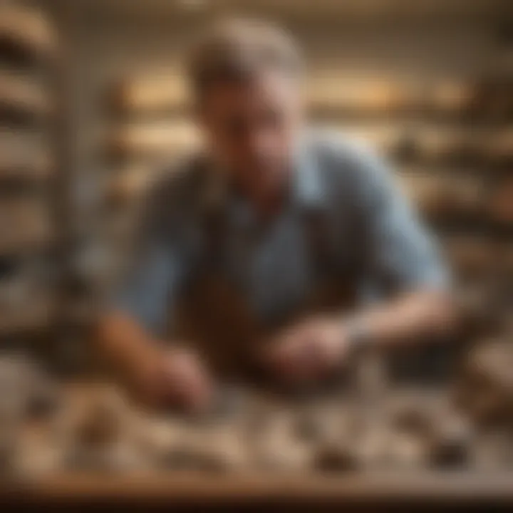 A knowledgeable collector examining a fossil in a local Florida shop, highlighting the importance of authenticity.