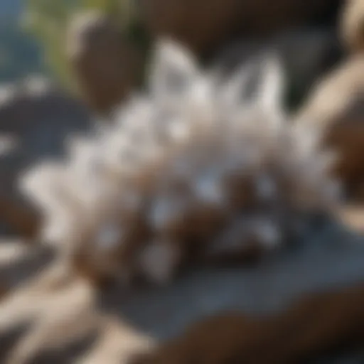 Crystal clear quartz cluster on rocky outcrop