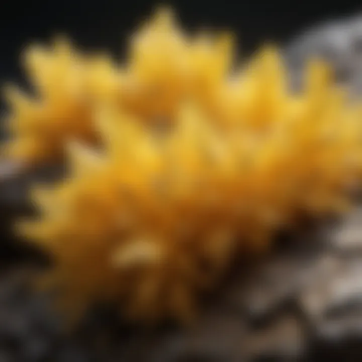Glowing yellow sulfur crystals in natural setting