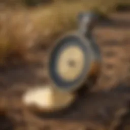 A detailed shot of a gold-specific metal detector in the field