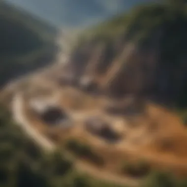 Aerial view of a historic gold mining site surrounded by lush landscape.