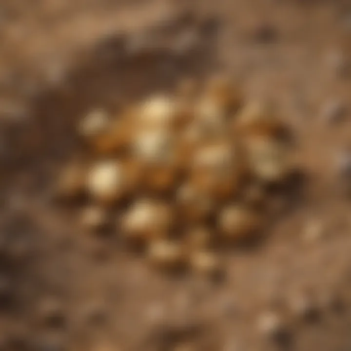 Close-up of gold nuggets resting on mineral-rich soil.