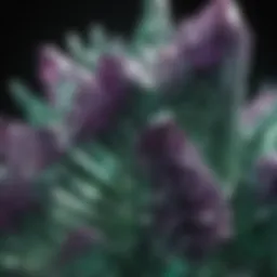 Close-up view of a green crystal with vibrant purple spots showcasing its unique texture.