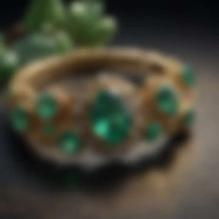 An artistic arrangement of green gems in a jewelry setting, highlighting their beauty and craftsmanship.