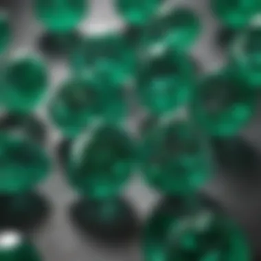 Close-up view of emeralds highlighting their deep green color and clarity.