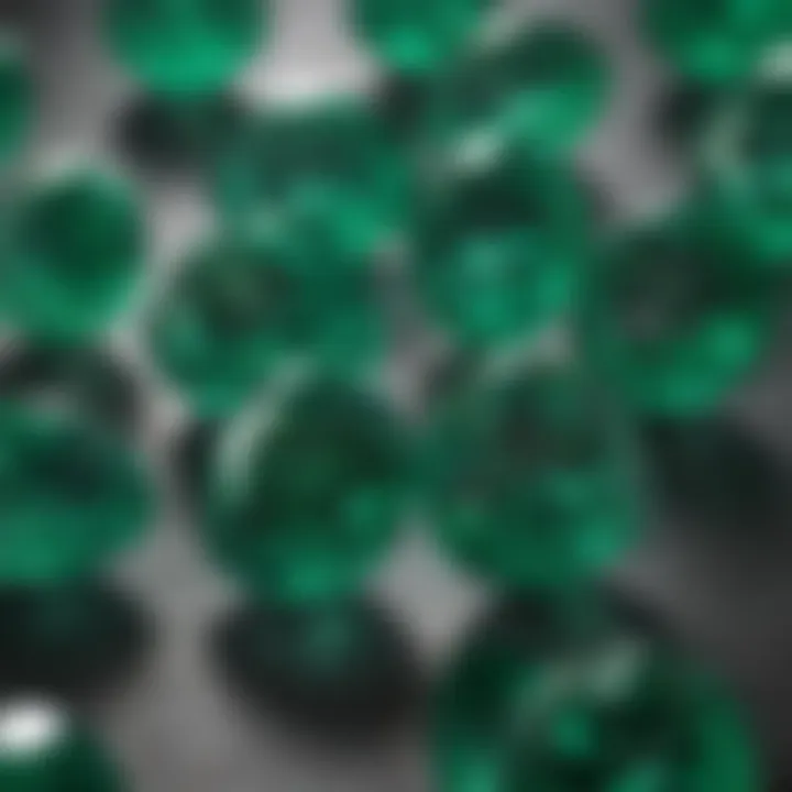 Close-up view of emeralds highlighting their deep green color and clarity.