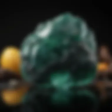 A rich emerald green jade stone set against a dark background, highlighting its polished surface