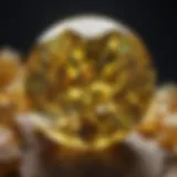 Close-up view of a vibrant greenish yellow gemstone showcasing its intricate facets.