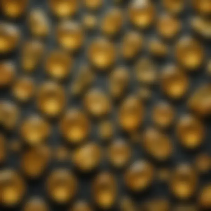A collection of various greenish yellow gemstones arranged artistically on a velvet background.