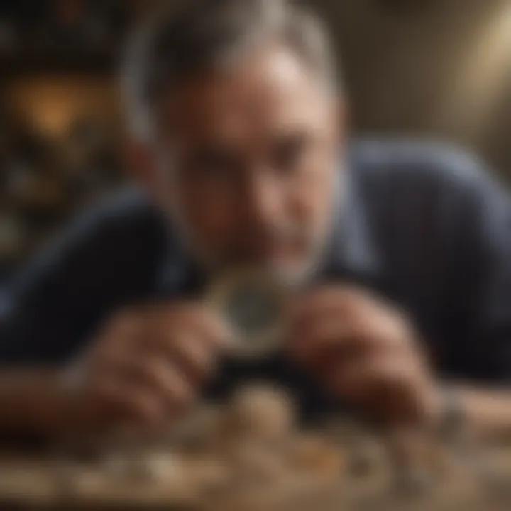 A collector examining a fossil specimen through a jewelers magnifier with a light source, emphasizing clarity and focus