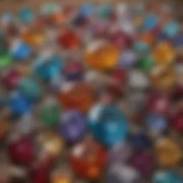 A close-up of various colorful gemstones scattered on a natural surface
