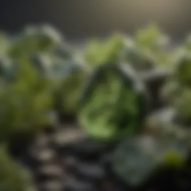 A close-up view of moldavite pieces among natural stones