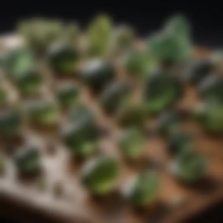 A collection of moldavite stones displayed elegantly among other gemstones