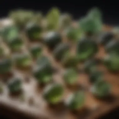 Elegant Display of Moldavite Collection A collection of moldavite stones displayed elegantly among other gemstones