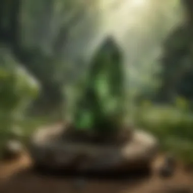 Serene Healing Space with Moldavite A serene healing space featuring moldavite among crystals and healing tools