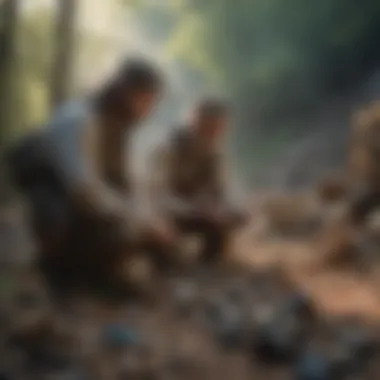 A serene scene of collectors carefully examining their finds amidst the natural surroundings.