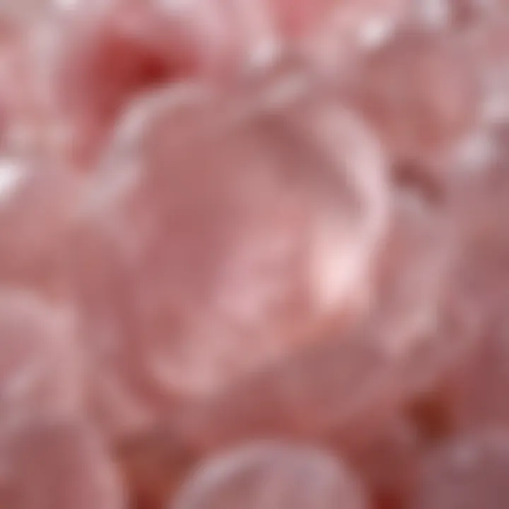 A close-up view of natural rose quartz showcasing its delicate pink hue and unique crystal formations