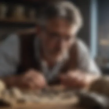 An expert examining a fossil for authenticity