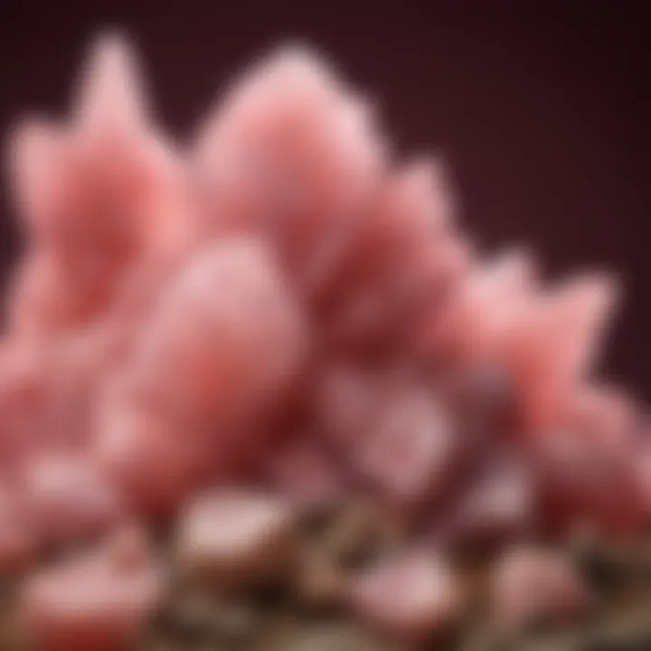Artistic arrangement of pink calcite specimens in a collection display.