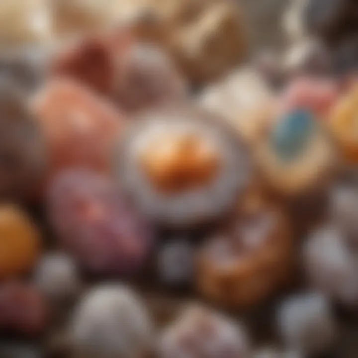 Assorted quartz geodes in various sizes and colors displayed artistically