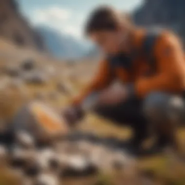 Geologist examining a quartz geode in its natural environment during a field study