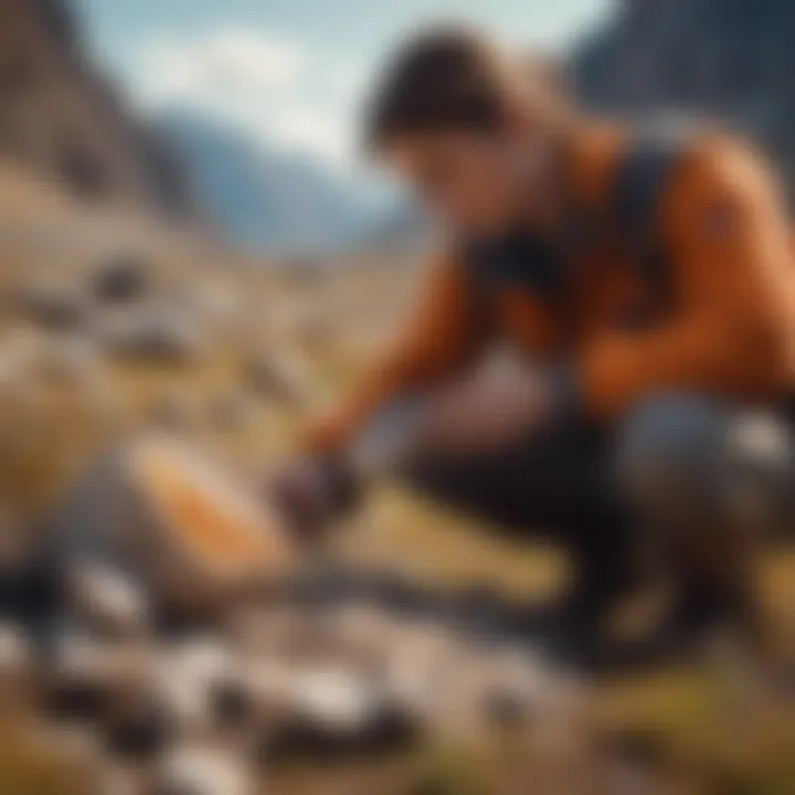 Geologist examining a quartz geode in its natural environment during a field study