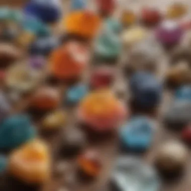 A diverse collection of colorful minerals displayed on a wooden table.