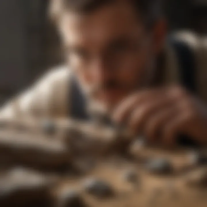 An expert examining a rock specimen with a magnifying glass under natural light.