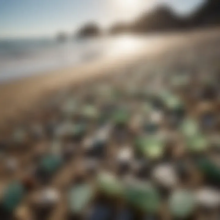 A serene beach scene where sea glass is collected, highlighting the natural setting and beauty of the shore.