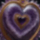 A close-up view of a stunning amethyst crystal heart showcasing its intricate patterns and deep purple hues.