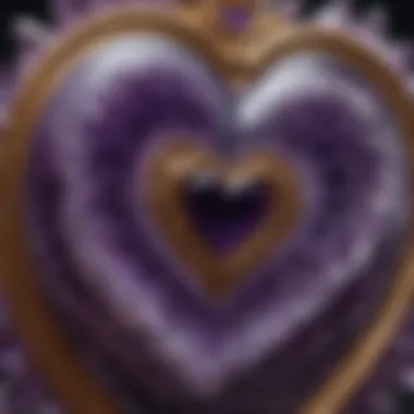 A close-up view of a stunning amethyst crystal heart showcasing its intricate patterns and deep purple hues.