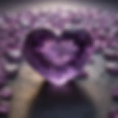 An artistic representation of amethyst crystal hearts surrounded by symbols of wellness and healing energies.