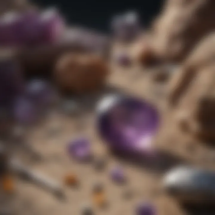 Artistic representation of historical amethyst mining, showcasing geological formations and tools used