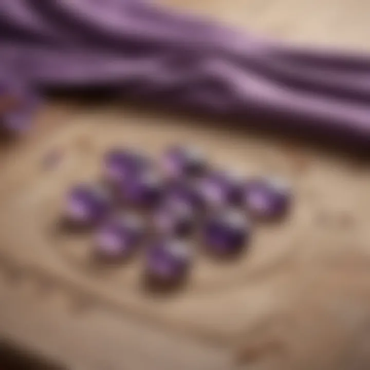 A serene setting with amethyst worry stones arranged on a meditation mat, signifying mindfulness and stress relief