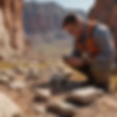 A geologist examining rock layers in a field