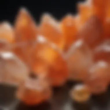 A collection of tangerine quartz specimens displayed in an elegant mineral collection.