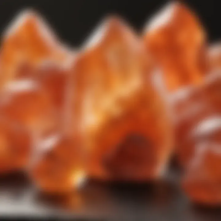 An artistic arrangement of tangerine quartz pieces set against a natural backdrop.