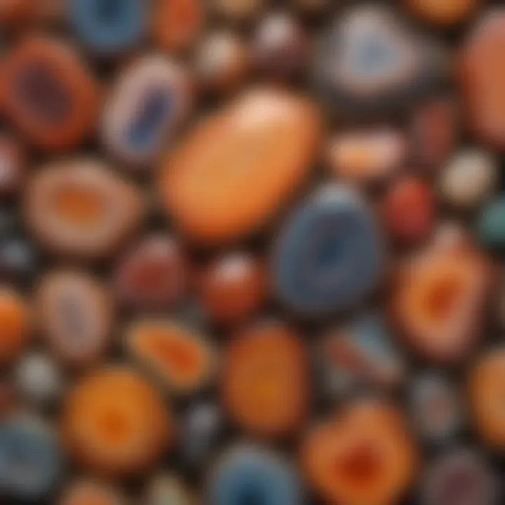 Display of various types of agate stones arranged artistically