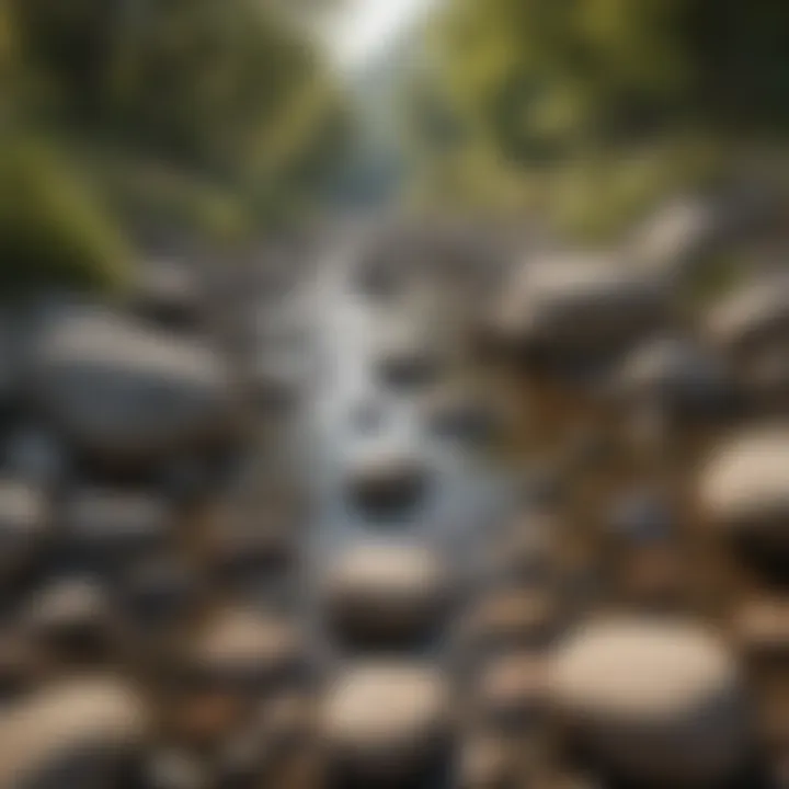A serene river landscape featuring smooth stones along the bank, emphasizing their natural habitat.