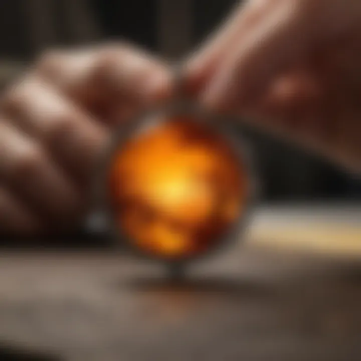 A skilled artisan meticulously crafting amber into a beautiful pendant