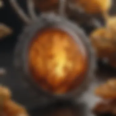 An intricate piece of amber fossil jewellery showcasing suspended ancient flora