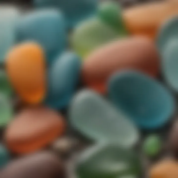 Close-up of uniquely shaped sea glass pieces, highlighting their smooth textures and vibrant hues