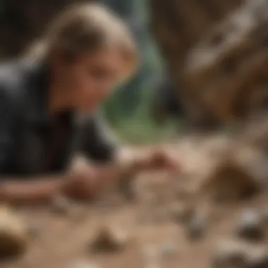 A geologist examining fossilized dino teeth in a natural setting