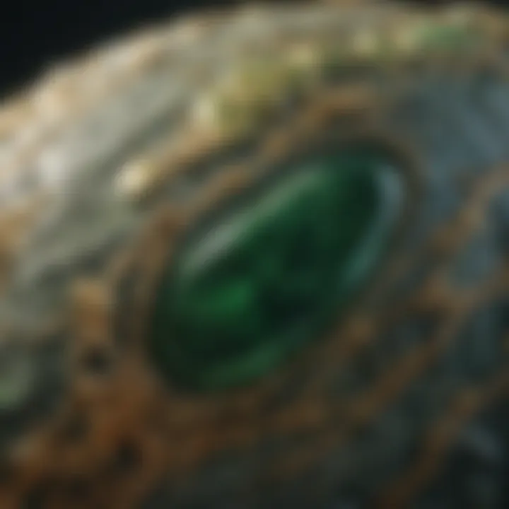 Close-up view of green stone with shimmering gold flecks