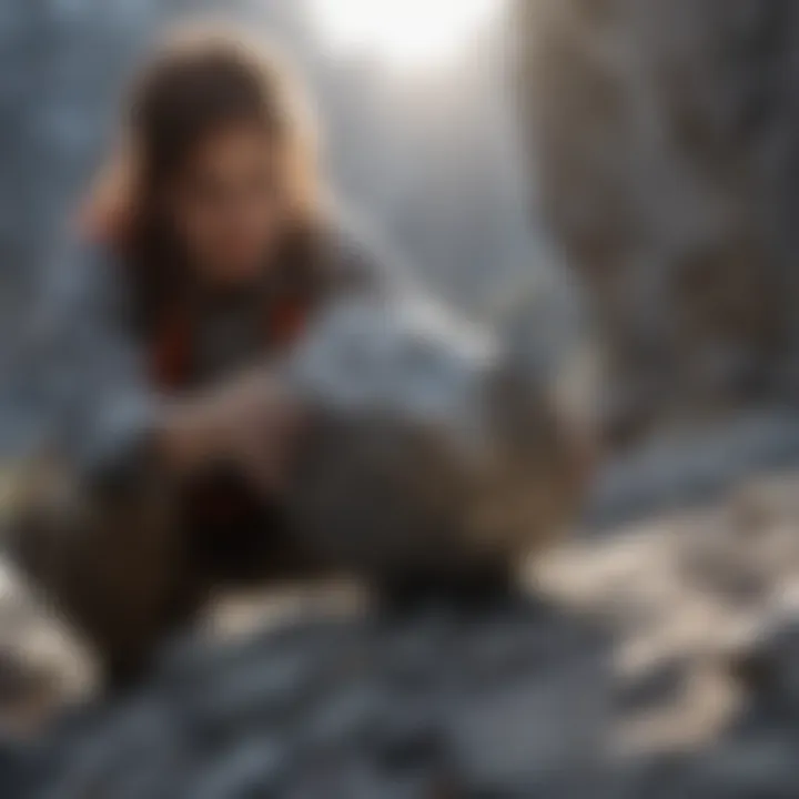 Geologist examining a grey rock with sparkling characteristics in natural light.