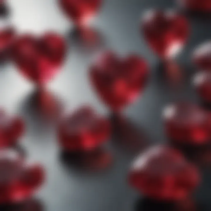 An artistic display of heart-shaped rubies arranged elegantly on a reflective surface